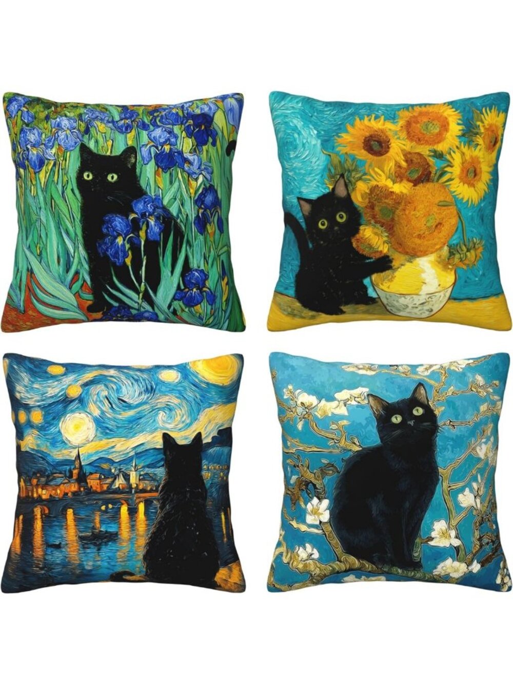 Set of 4 Black Cat Decorative Throw Pillow Covers 18x18 for Home Sofa & Couch